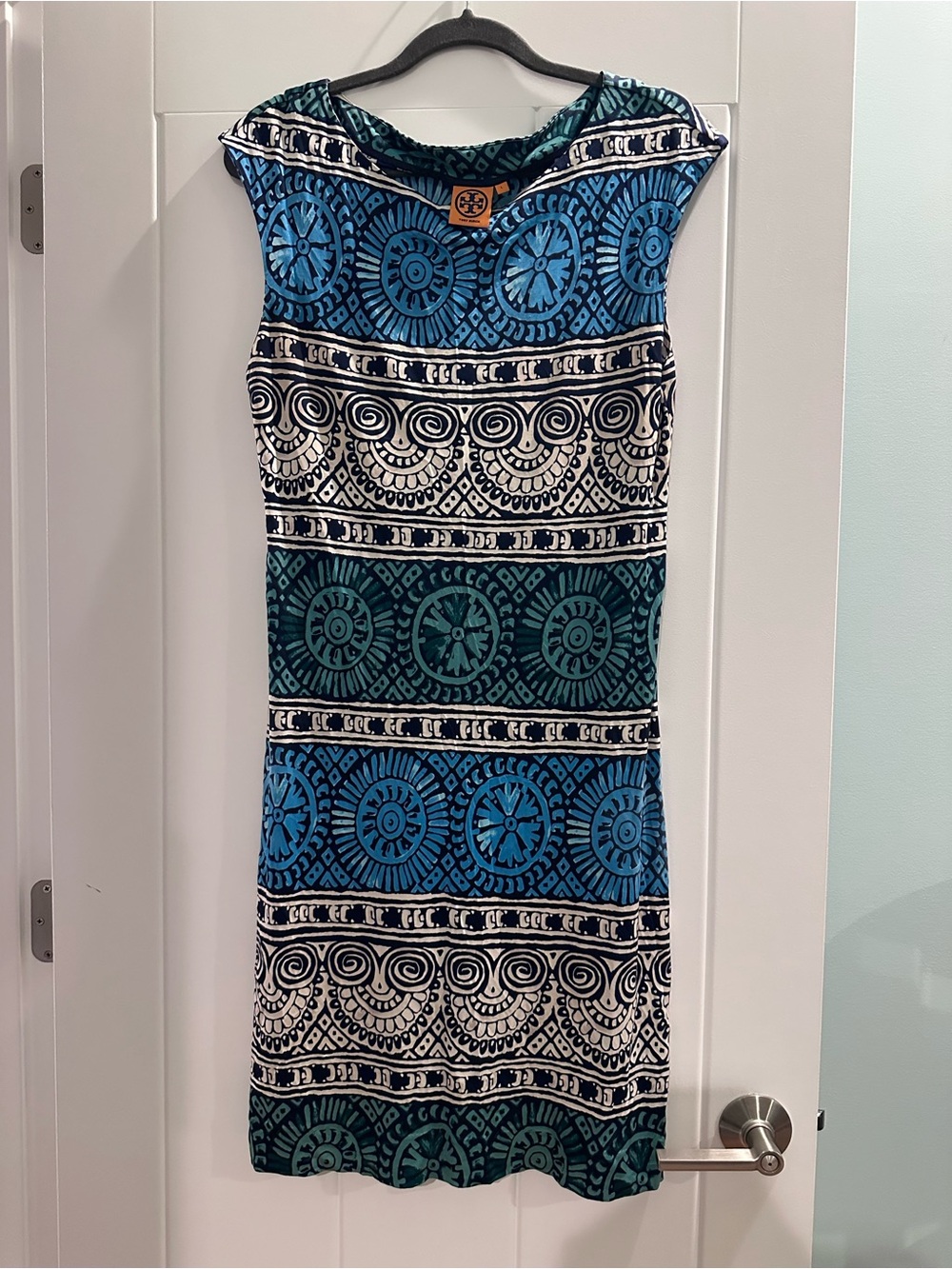 Tory Burch Blue & Teal Patterned Sleeveless Women’s Silk Dress